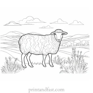 sheep coloring page with scenery