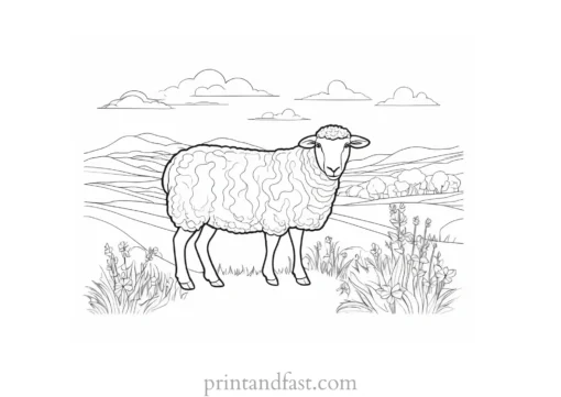 sheep coloring page with scenery