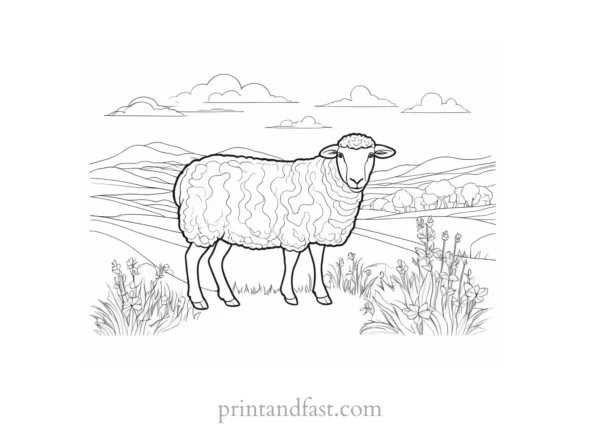 sheep coloring page with scenery