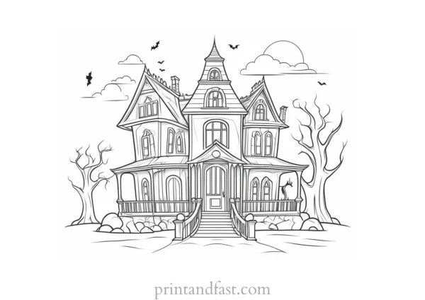 spooky haunted house coloring page