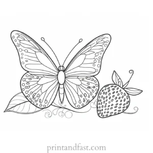 strawberry coloring page with butterfly