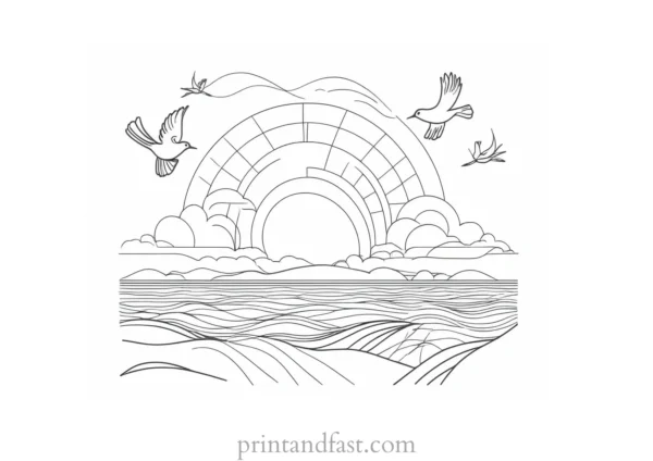 sun coloring page with birds