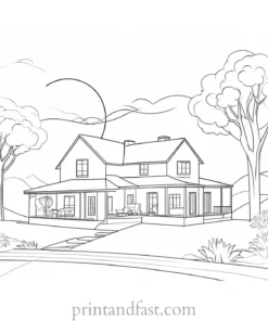 sun coloring page with house