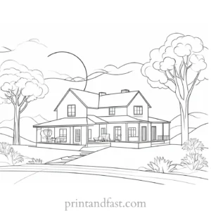 sun coloring page with house