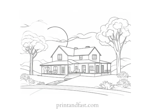 sun coloring page with house