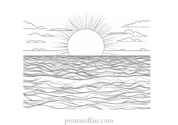 sun coloring page with ocean