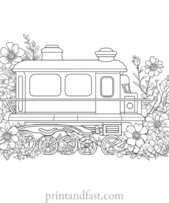 train coloring page with flowers