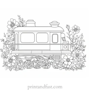 train coloring page with flowers