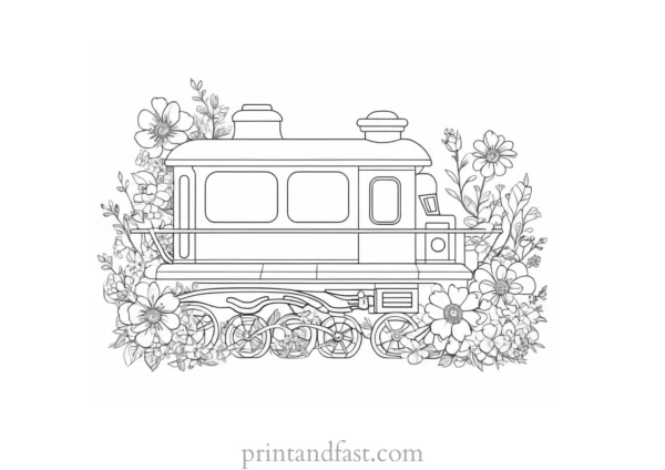 train coloring page with flowers