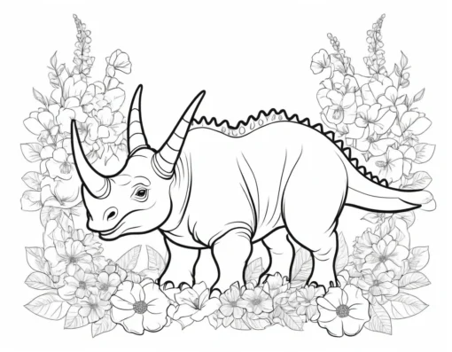 triceratops coloring page with flowers