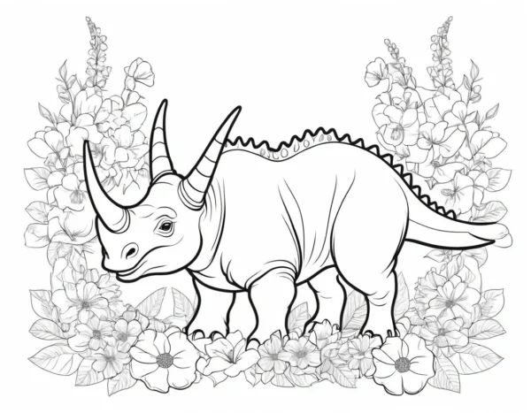 triceratops coloring page with flowers