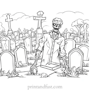 zombie coloring page with graveyard