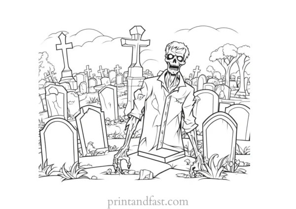 zombie coloring page with graveyard