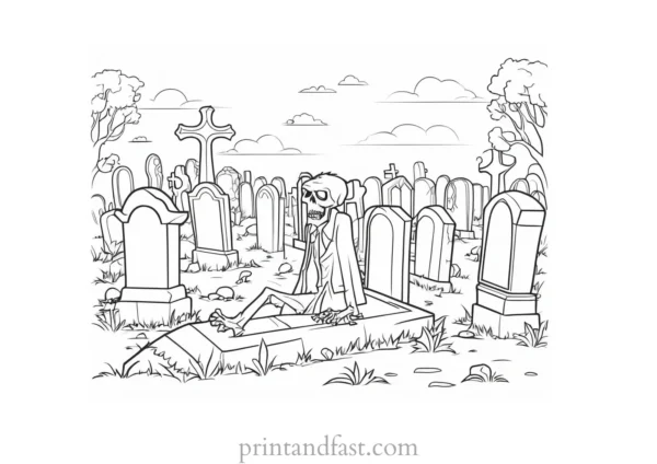 zombie coloring page with tombstones