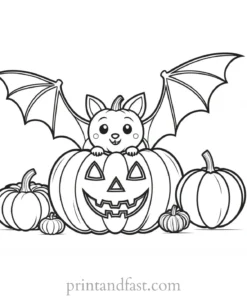 bat coloring page with pumpkin