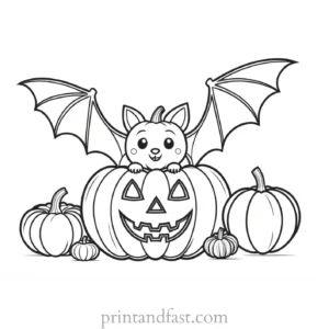 bat coloring page with pumpkin