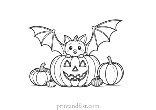 bat coloring page with pumpkin