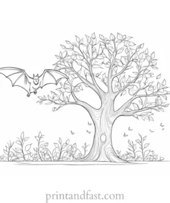 bat coloring page with tree