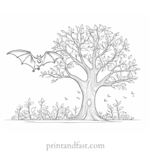 bat coloring page with tree