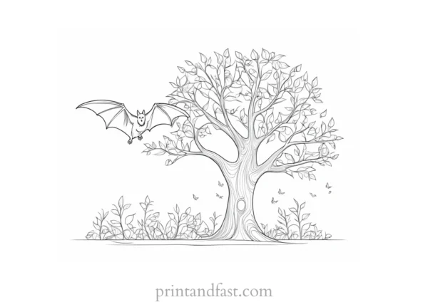 bat coloring page with tree