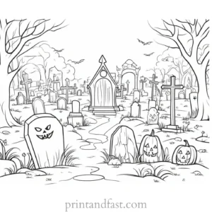 coloring page halloween graveyard