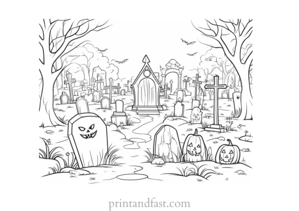 coloring page halloween graveyard