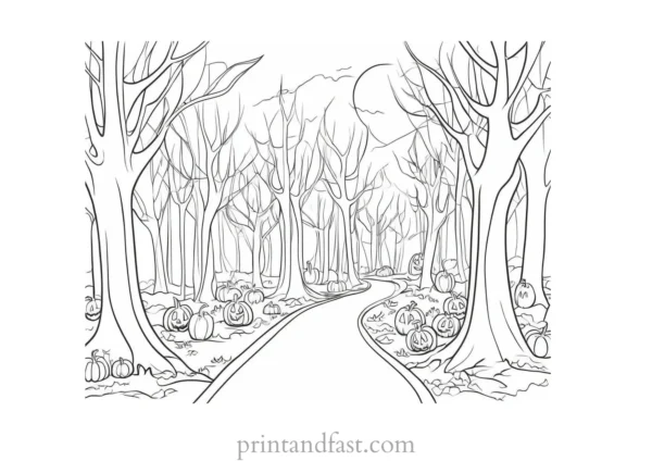 coloring page halloween haunted forest