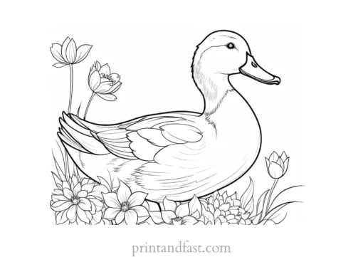 duck coloring page with flowers