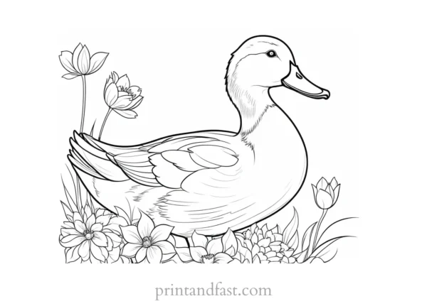 duck coloring page with flowers