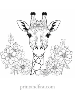 giraffe coloring page with flowers