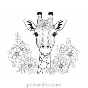 giraffe coloring page with flowers