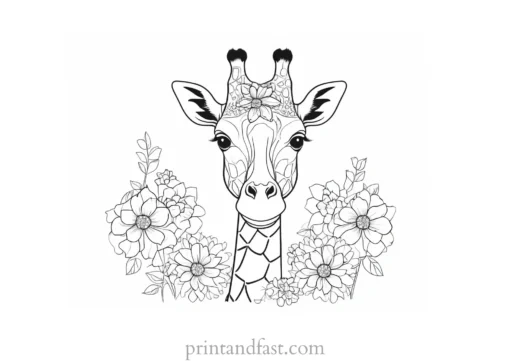 giraffe coloring page with flowers