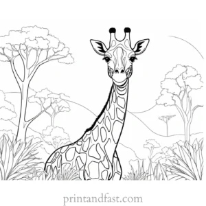 giraffe coloring page with jungle