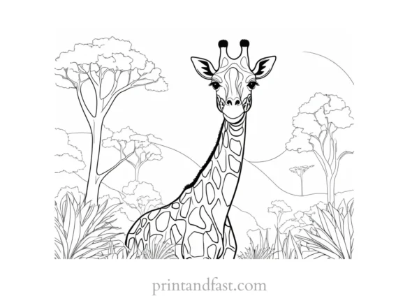 giraffe coloring page with jungle