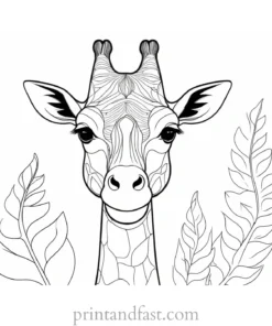 giraffe coloring page with leaves