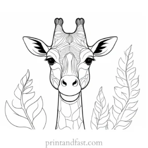 giraffe coloring page with leaves