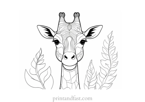 giraffe coloring page with leaves