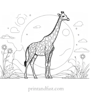 giraffe coloring page with sun