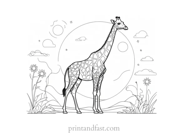 giraffe coloring page with sun