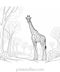 giraffe coloring page with trees