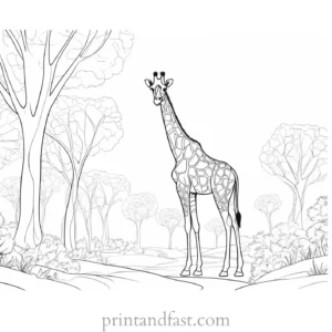 giraffe coloring page with trees