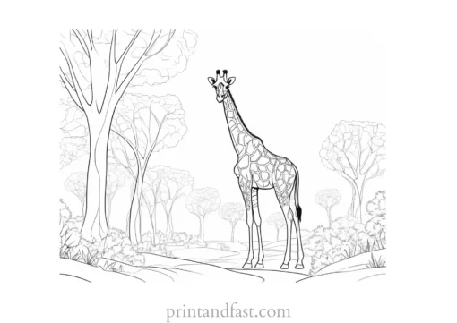 giraffe coloring page with trees