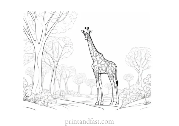 giraffe coloring page with trees