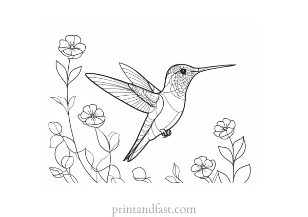 hummingbird Coloring Page with Flowers