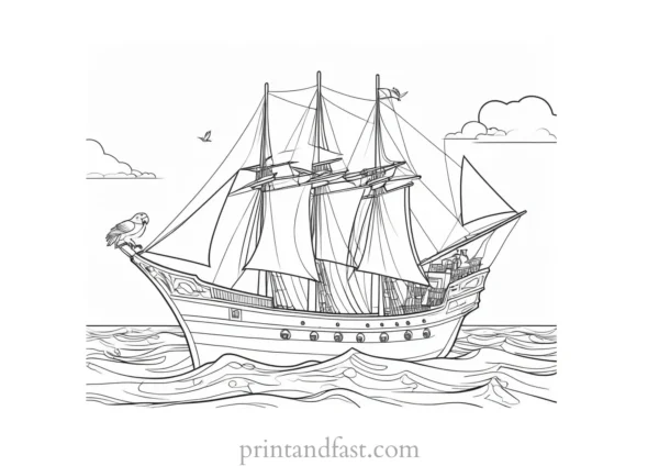 pirate ship coloring page with parrot