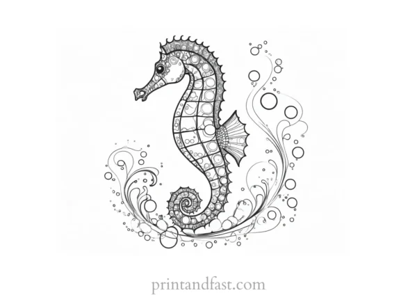 seahorse coloring page with bubbles