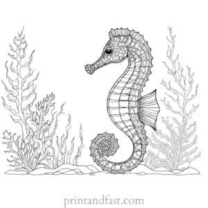 seahorse coloring page with coral