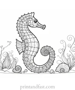 seahorse coloring page with seashells