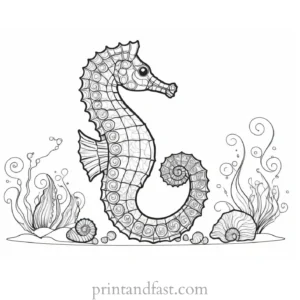 seahorse coloring page with seashells