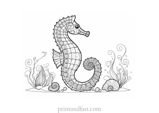 seahorse coloring page with seashells